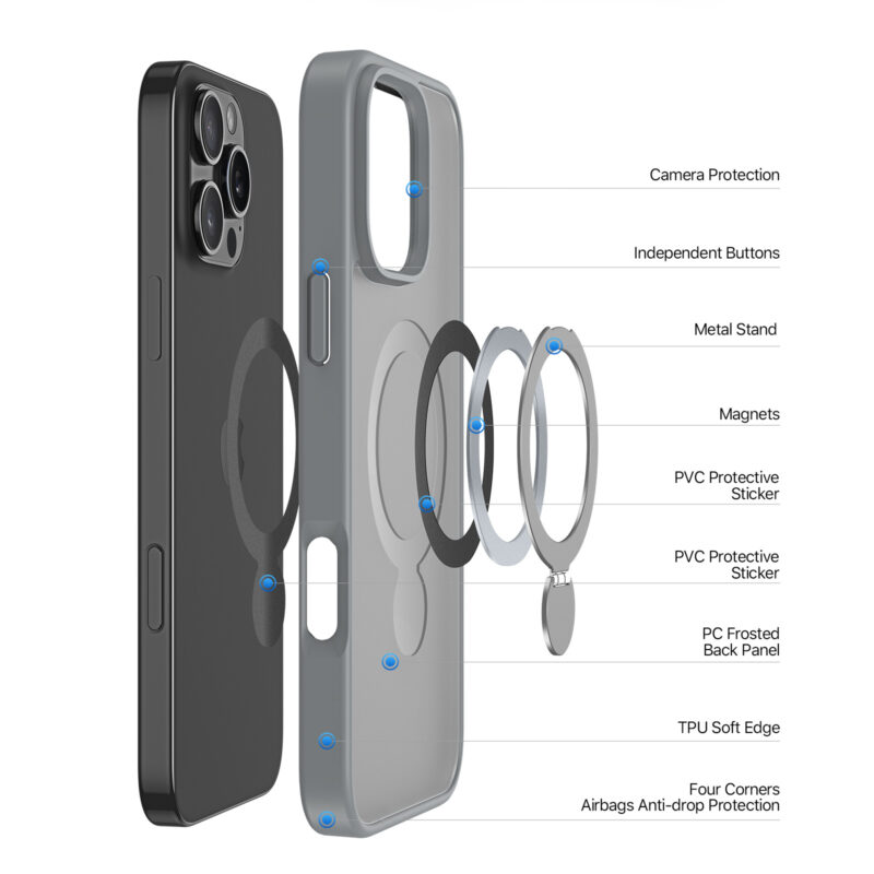MagSafe® Compatible Titanium Grey Case with 360° Ring Stand & Drop Protection for iPhone 16 Series