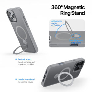 MagSafe® Compatible Titanium Grey Case with 360° Ring Stand & Drop Protection for iPhone 16 Series