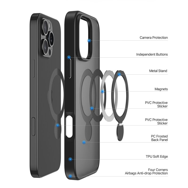 MagSafe® Compatible Carbon Shadow Case with 360° Ring Stand & Drop Protection for iPhone 16 Series