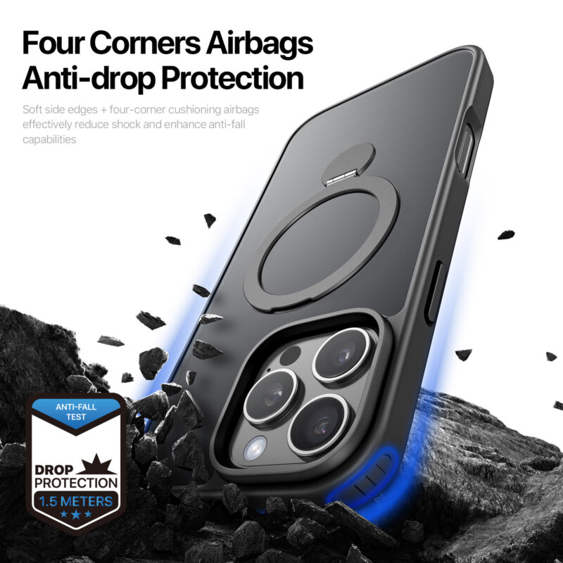 MagSafe® Compatible Carbon Shadow Case with 360° Ring Stand & Drop Protection for iPhone 16 Series